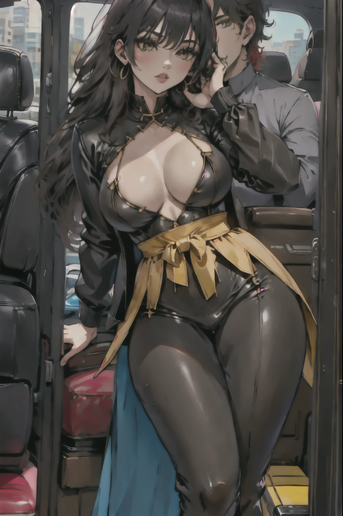 (neocruz and junkotvv)(hands on thighs, backwards, Heavyweight, big boy, leather jacket:1.2), picture of a couple inside a Taxi at evening, 1 chico, male focus, Tall Man, soon one, male with leather jacket, black man, evening:1.4) (Taxi, evening, auto, Backseat, looking at another:1.3) BREAK