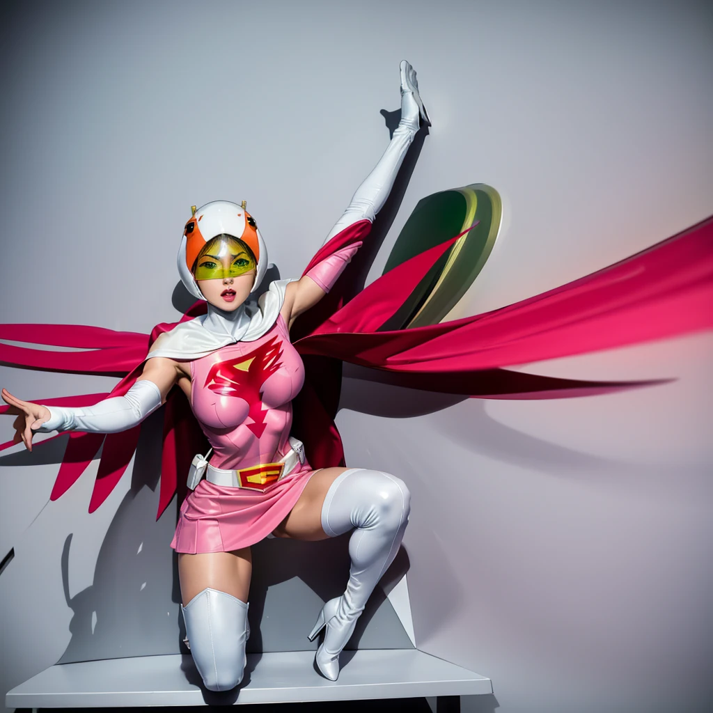 ANI_CLASSIC_jun_gatchaman_ownwaifu,1girl, 15 years old,good , masterpiece, best quality,realistic, hyperrealistic, 16k hdr,,green eyes,lips,large ,lipstick,makeup,gloves,cape,helmet,belt,elbow gloves,white gloves,mask,ultra ,leotard,spacesuit,white tight overknee highheels boots,pink dress,superhero,,,erected ,((jumping poses)),