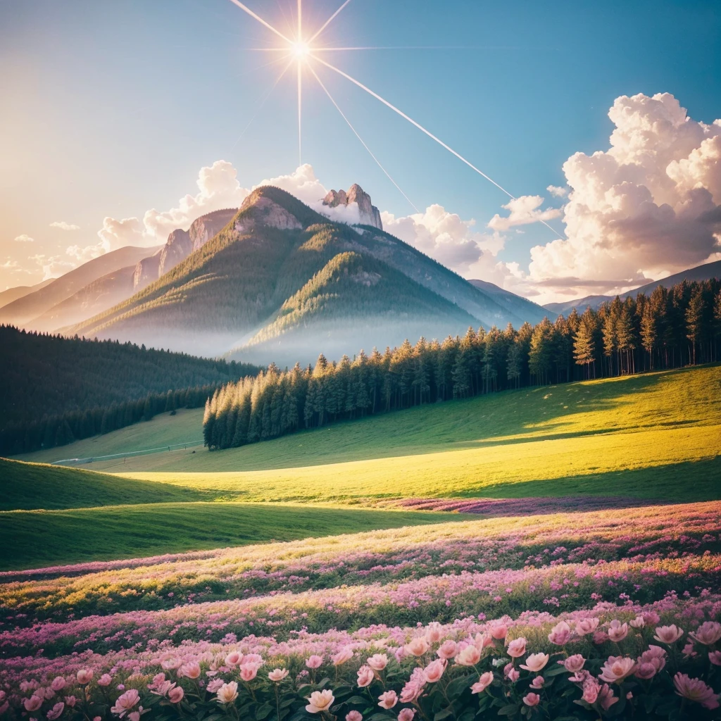 "Create an image that represents the concept of divine restoration. Showcase a vibrant and renewed landscape, with elements that suggest transformation and improvement. Include a soft celestial light that illuminates the scene, symbolizing the presence of God. a beautiful instagram size field.