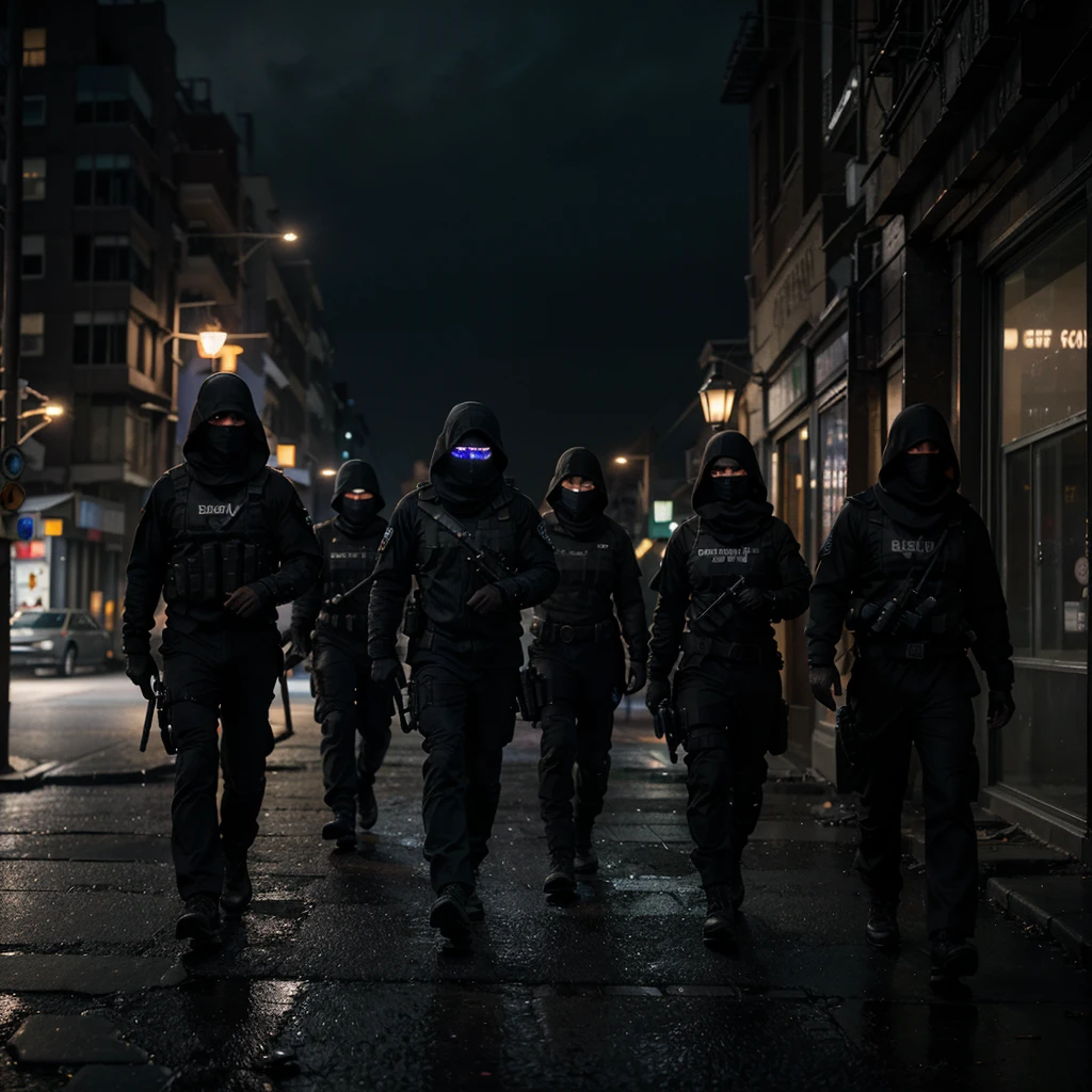 Under the cover of a moonless night, a special ops team moves with precision through the shadowy alleys of a forsaken city. The streets are lined with crumbling buildings and flickering streetlights, casting eerie glows on their tactical gear. They communicate silently, their faces illuminated by the soft, bluish hue of high-tech visors. Rain begins to fall, adding a sheen to the dark pavement and enhancing the gritty atmosphere. As they approach their target, the team blends seamlessly with the darkness, their intense focus mirrored in their eyes. The city's silence is broken only by the distant hum of neon signs and the occasional crackle of their encrypted radios. Hyperrealism, cinematic lighting, textured skin, super detail, high quality, award-winning, best quality, high resolution, 8K.