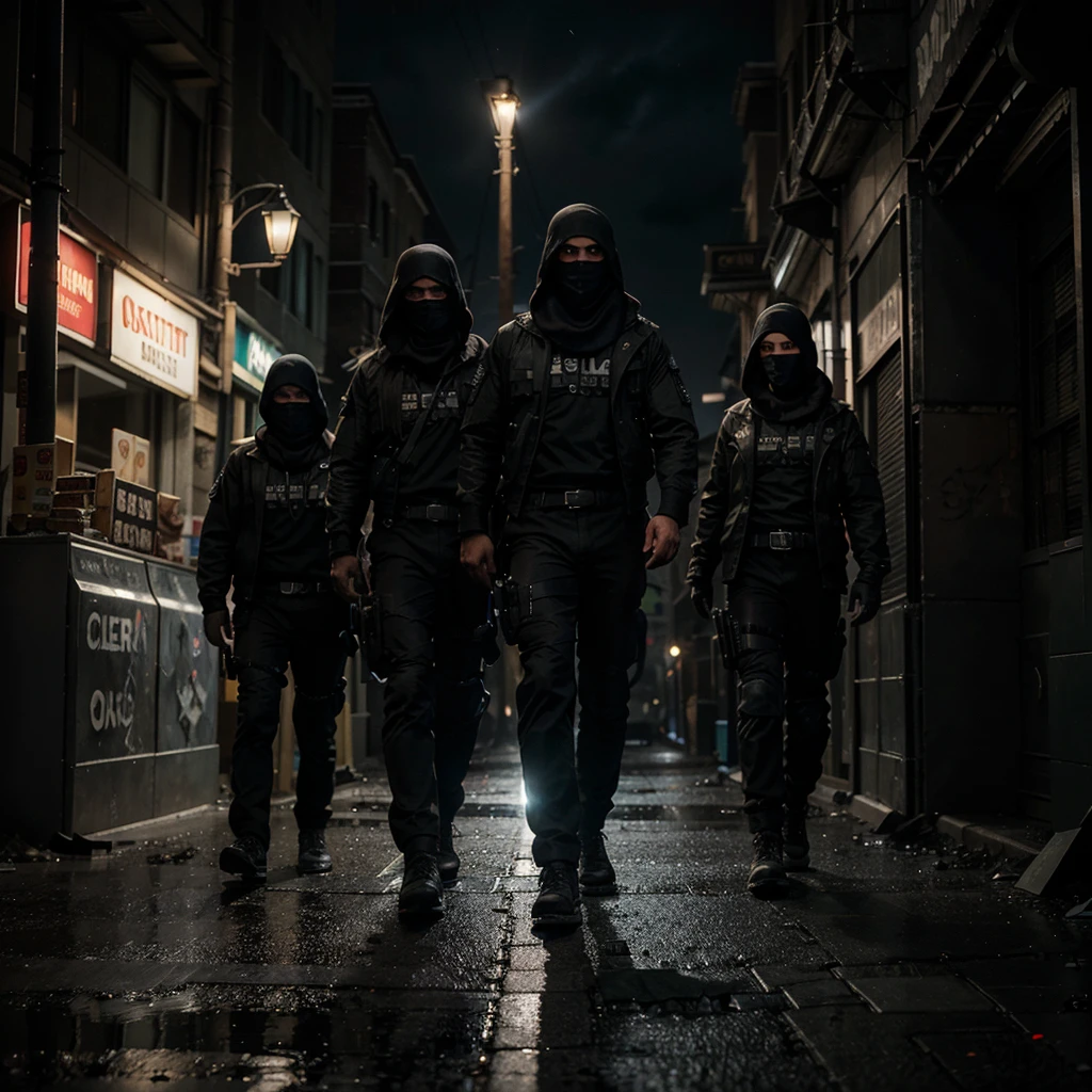 Under the cover of a moonless night, a special ops team moves with precision through the shadowy alleys of a forsaken city. The streets are lined with crumbling buildings and flickering streetlights, casting eerie glows on their tactical gear. They communicate silently, their faces illuminated by the soft, bluish hue of high-tech visors. Rain begins to fall, adding a sheen to the dark pavement and enhancing the gritty atmosphere. As they approach their target, the team blends seamlessly with the darkness, their intense focus mirrored in their eyes. The city's silence is broken only by the distant hum of neon signs and the occasional crackle of their encrypted radios. Hyperrealism, cinematic lighting, textured skin, super detail, high quality, award-winning, best quality, high resolution, 8K.