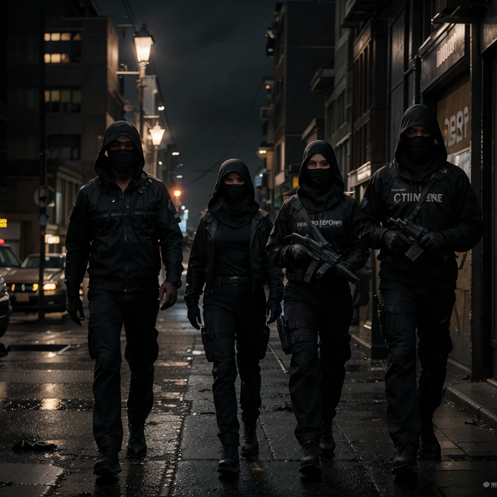 Under the cover of a moonless night, a special ops team moves with precision through the shadowy alleys of a forsaken city. The streets are lined with crumbling buildings and flickering streetlights, casting eerie glows on their tactical gear. They communicate silently, their faces illuminated by the soft, bluish hue of high-tech visors. Rain begins to fall, adding a sheen to the dark pavement and enhancing the gritty atmosphere. As they approach their target, the team blends seamlessly with the darkness, their intense focus mirrored in their eyes. The city's silence is broken only by the distant hum of neon signs and the occasional crackle of their encrypted radios. Hyperrealism, cinematic lighting, textured skin, super detail, high quality, award-winning, best quality, high resolution, 8K.