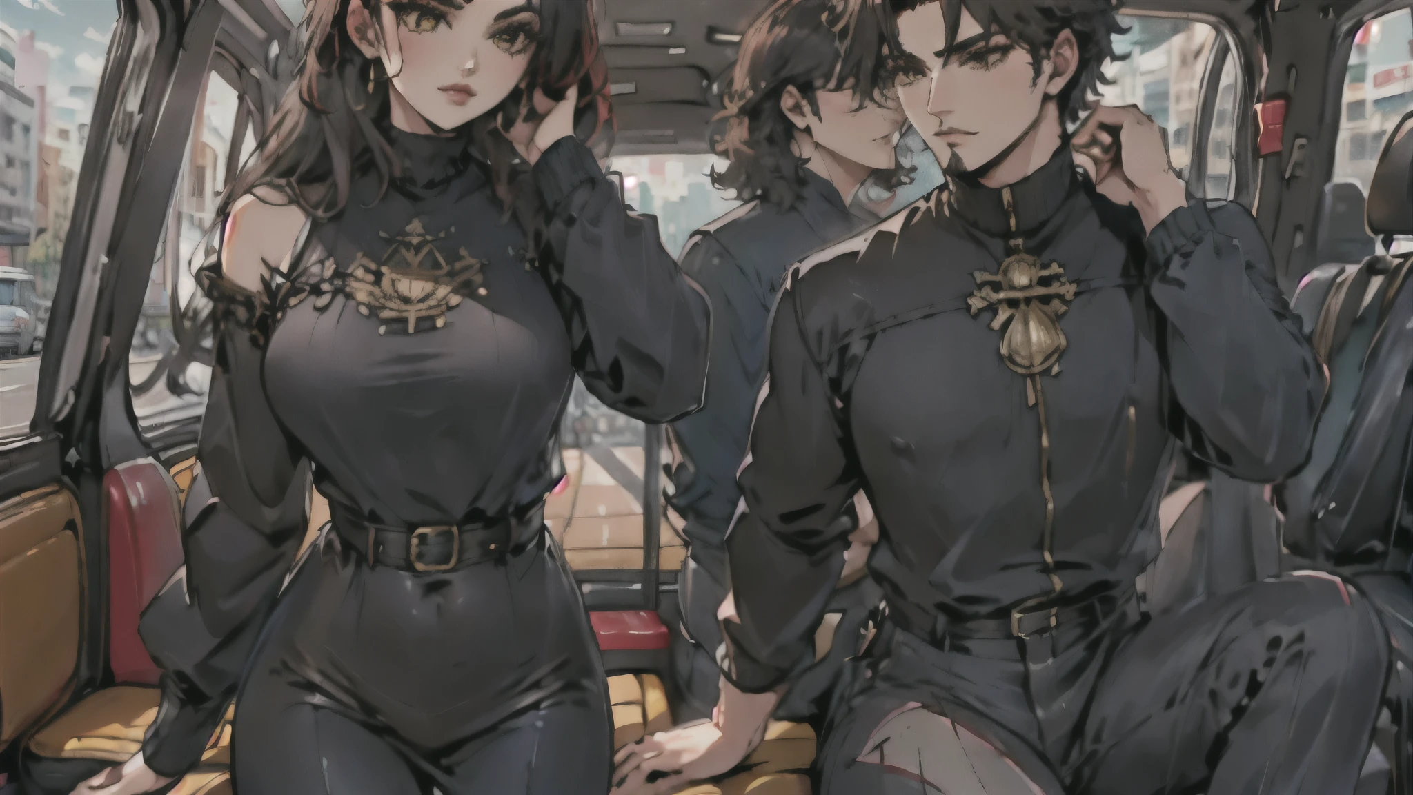 (neocruz and junkotvv)(hands on thighs, backwards, Heavyweight, big boy, leather jacket:1.2), picture of a couple inside a Taxi at evening, 1 chico, male focus, Tall Man, soon one, male with leather jacket, black man, evening:1.4) (Taxi, evening, auto, Backseat, looking at another:1.3) BREAK