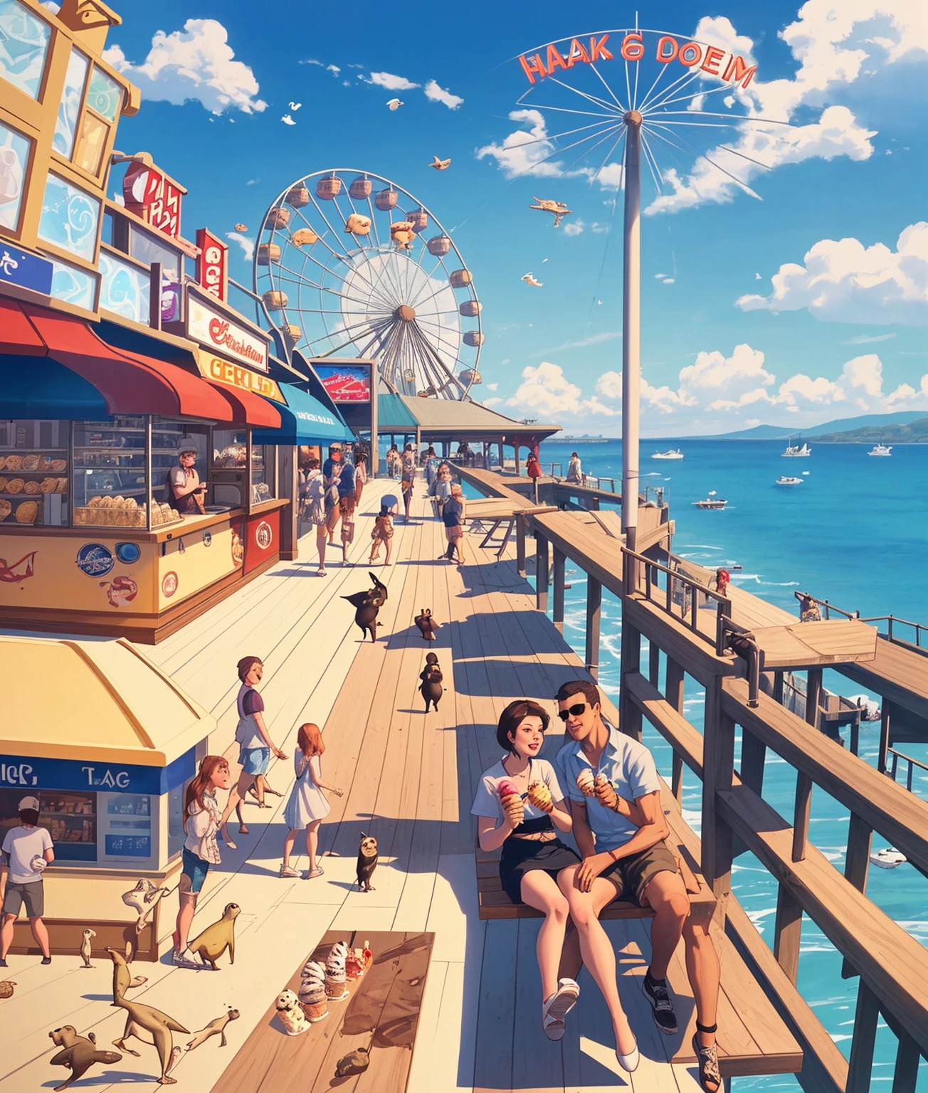 pier with seals, seals by the water, promenade, restaurants, street ice cream, ice cream stand, photo booth, seals, seals, lots of flying seals, rides, large Ferris wheel