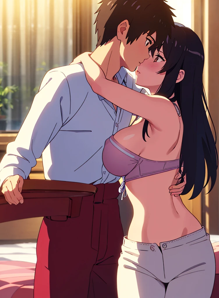 shinkai makoto, Kimi No Na Wa., 1 boy, Shaved head, , Boys are behind girls, Touching the chest, Rubbing breasts from behind, grab, grabbing chest,chestgrab behind back, Remove your bra, Hold the bra, Embrace, Embrace, Kiss on the neck, One girl, Black Hair, Waterfall knitting, Red ribbon, Long Hair, Brown eyes, blue star necklace, Light Cardigan Pink, Open shirt, Yellow shirt Open shift, belly button, White bra, White pants, cute, Open your mouth, whole body, Long sleeve, Cowboy Shot, masterpiece, On a date, Blushing, Bedroom, night, Sit on the bed , Shaved head,Topless,Nipples are erect,Armpit sweat,Shyness,clear,High exposure,Having my armpits licked,His arms are tied and he is hanging from a rope、28-year-old beautiful long-haired woman