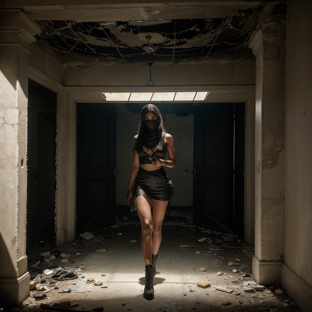 The team breaches the entrance of an abandoned skyscraper, the doors yielding with a muted creak. Inside, the building is a labyrinth of decayed grandeur; broken glass crunches underfoot, and vines snake through the cracks in marble walls. They advance methodically, flashlights slicing through the thick darkness, revealing faded murals and ornate, dusty chandeliers. The tension is palpable, each step deliberate and soundless. Suddenly, movement flickers in the shadows—enemy operatives. A silent firefight ensues, muzzle flashes momentarily illuminating the grim determination on their faces. The air is thick with the smell of gunpowder and the echo of suppressed gunfire. Hyperrealism, cinematic lighting, textured skin, super detail, high quality, award-winning, best quality, high resolution, 8K.