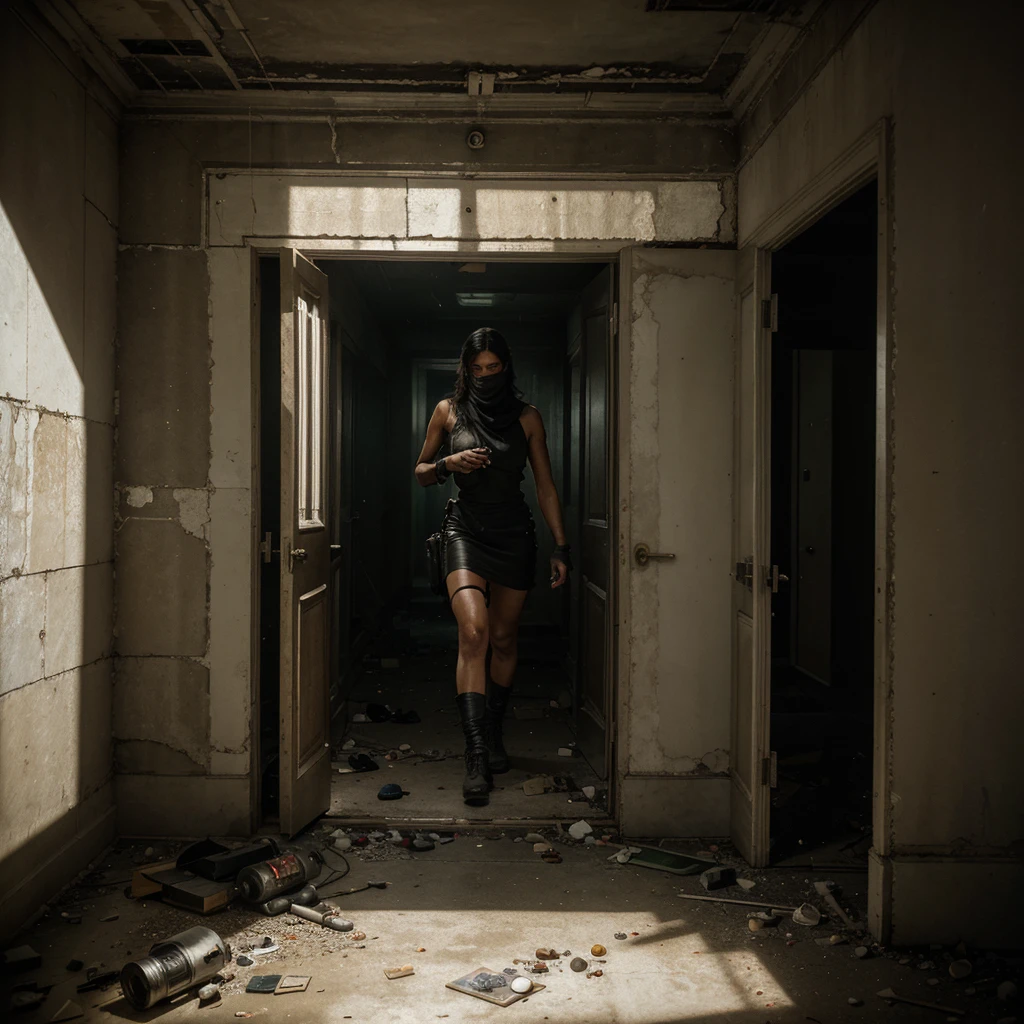 The team breaches the entrance of an abandoned skyscraper, the doors yielding with a muted creak. Inside, the building is a labyrinth of decayed grandeur; broken glass crunches underfoot, and vines snake through the cracks in marble walls. They advance methodically, flashlights slicing through the thick darkness, revealing faded murals and ornate, dusty chandeliers. The tension is palpable, each step deliberate and soundless. Suddenly, movement flickers in the shadows—enemy operatives. A silent firefight ensues, muzzle flashes momentarily illuminating the grim determination on their faces. The air is thick with the smell of gunpowder and the echo of suppressed gunfire. Hyperrealism, cinematic lighting, textured skin, super detail, high quality, award-winning, best quality, high resolution, 8K.