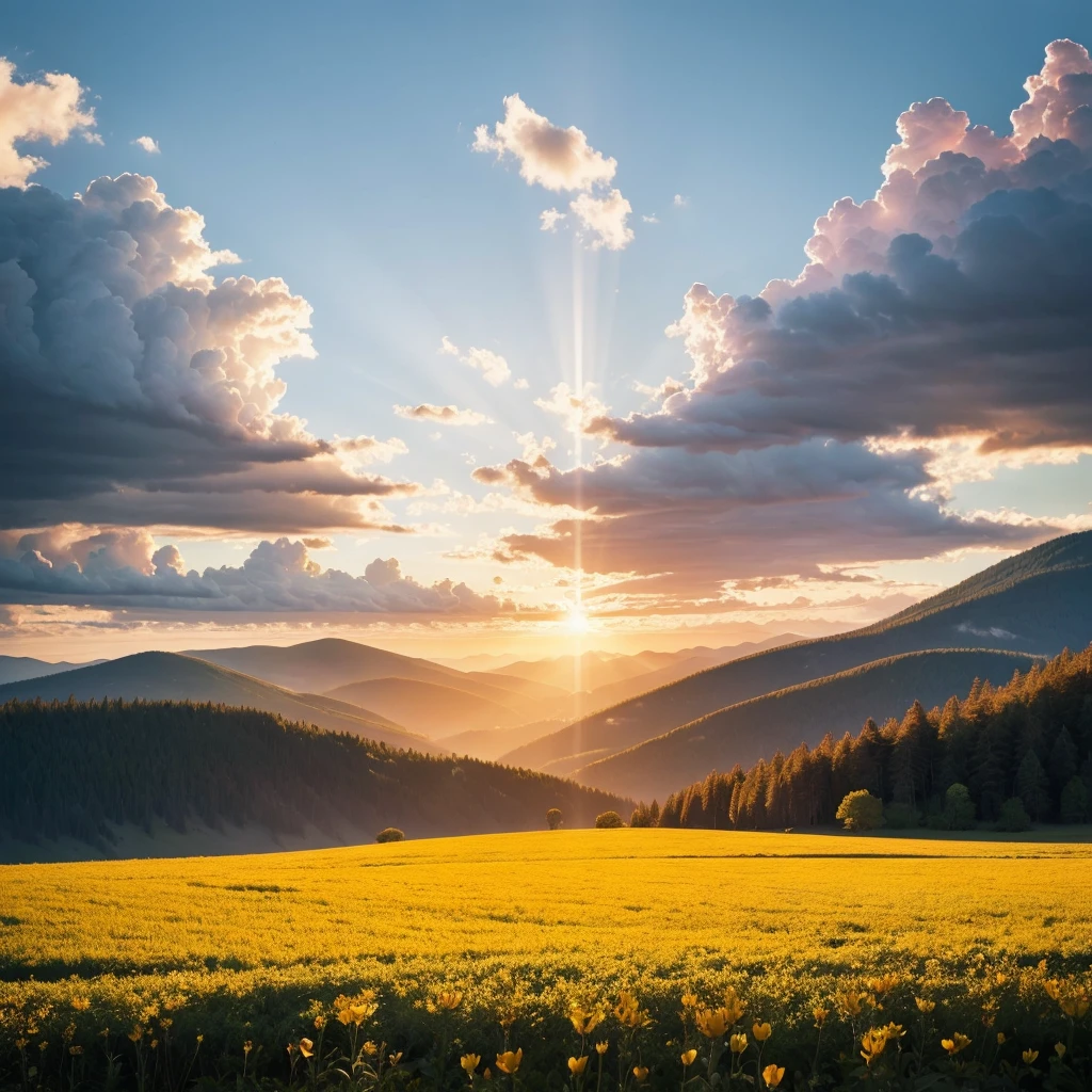 "Create an image that represents the concept of divine restoration. Showcase a vibrant and renewed landscape, with elements that suggest transformation and improvement. Include a soft celestial light that illuminates the scene, symbolizing the presence of God. a beautiful instagram size field.