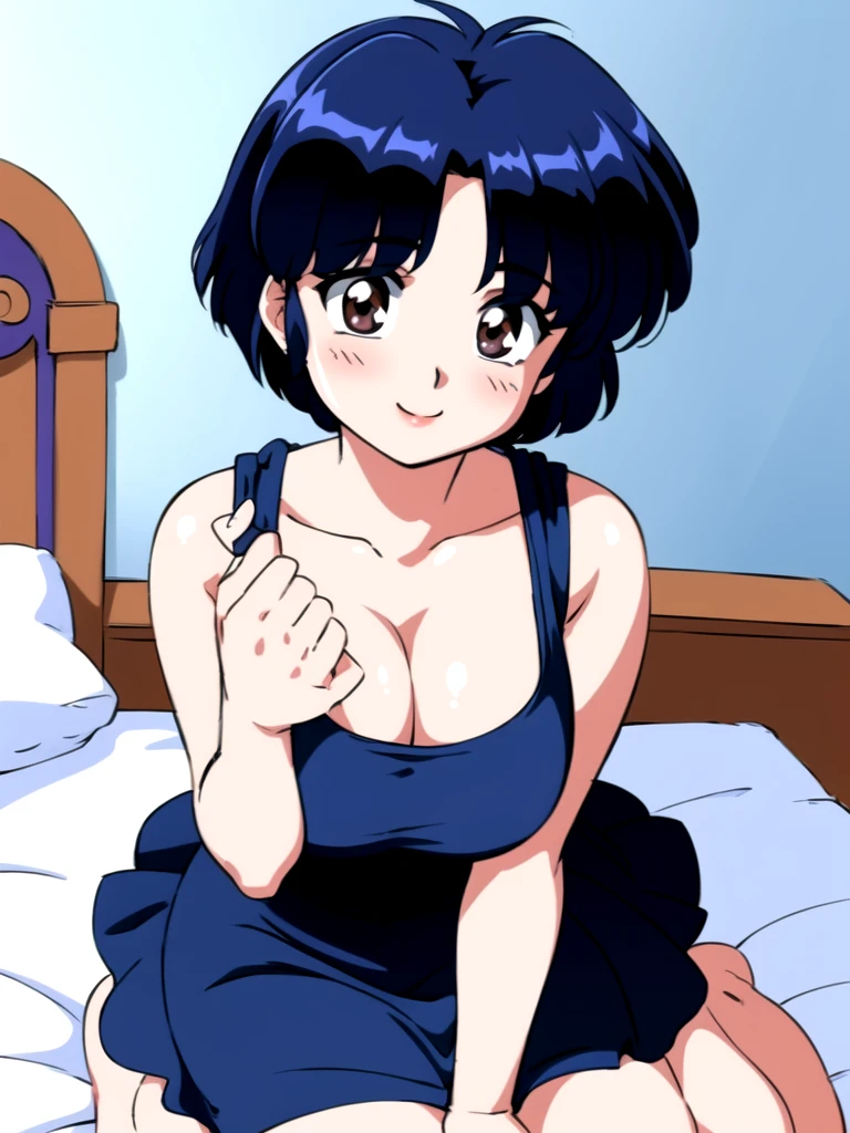 HDR, CG, sharp focus, (8k), (4k), masterpiece, best quality, detailed skin, extremely detailed, hiper detailed, sharp focus, looking at viewer, high quality, AKANE, Akane tendou, short hair, blue hair, brown eyes ,curtain pelvic DRESS, tetas grandes, bLush, solo, 1girl, sit on BED, BEDROOM background, hands on chest, heels, black dress, smile,  