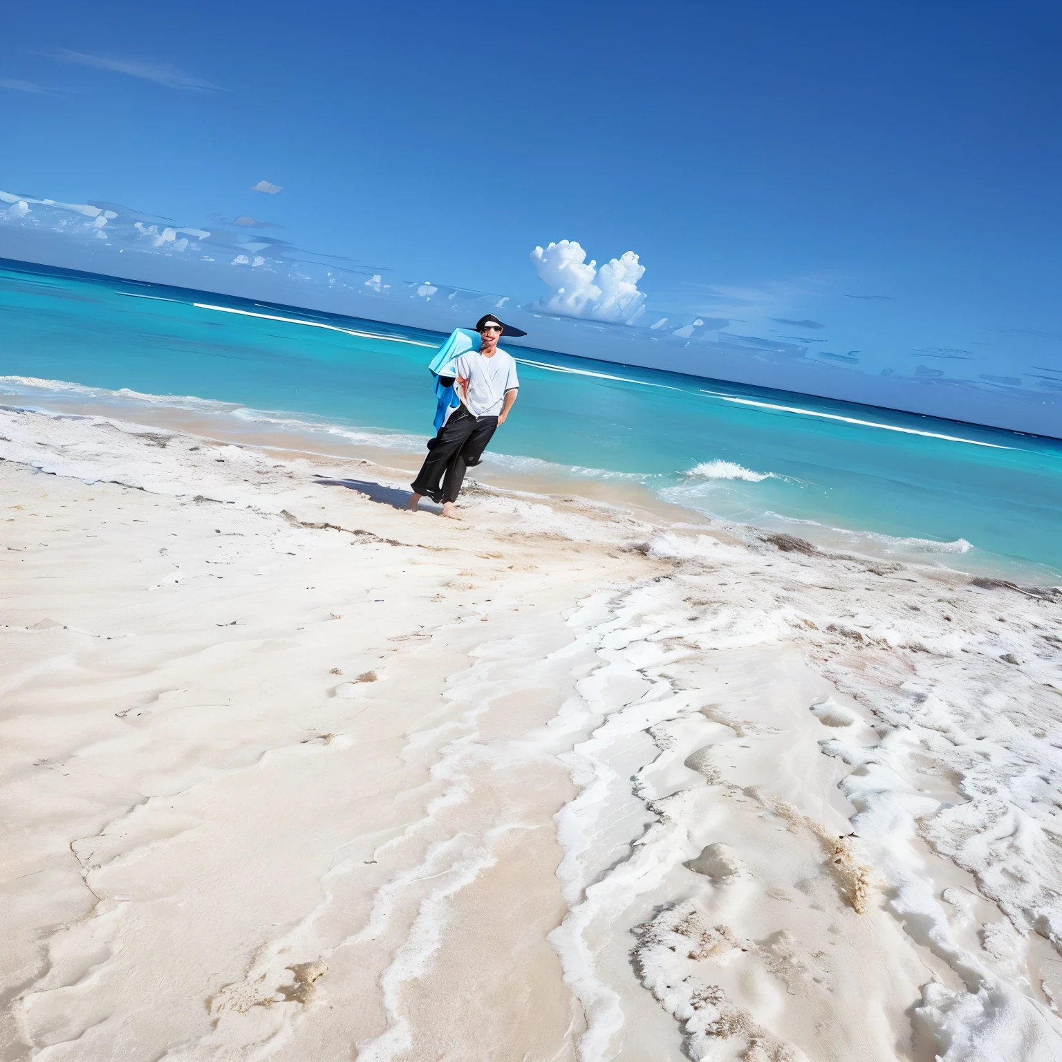 hay un hombre standing on the beach con una cometa en el aire, standing on the beach, posing on a beach with the ocean, standing on a beach, varadero beach, standing in the sand, turquoise water of the caribbean, On a tropical beach, standing next to the ocean, Caribbean white sand, white sand beach, standing on a beach in boracay