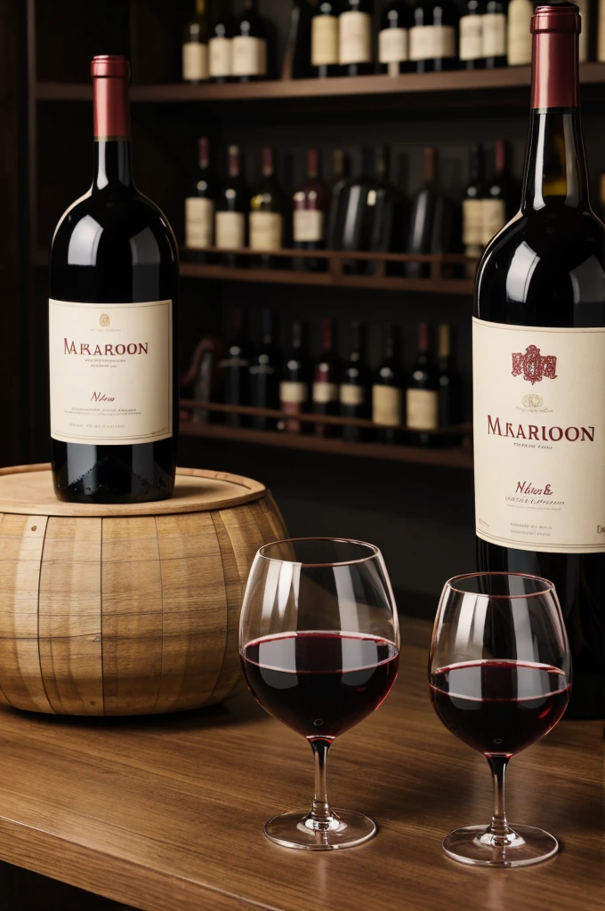 Wine bottle, no label, color marron, with wine glasses around him 