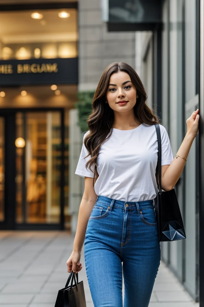 beautiful woman with long dark hair, similar to margot robbie, face in extremely detailed and high quality 4k, girl shopping woman bag in hand, high heels, jeans and white t-shirt, shopping center background