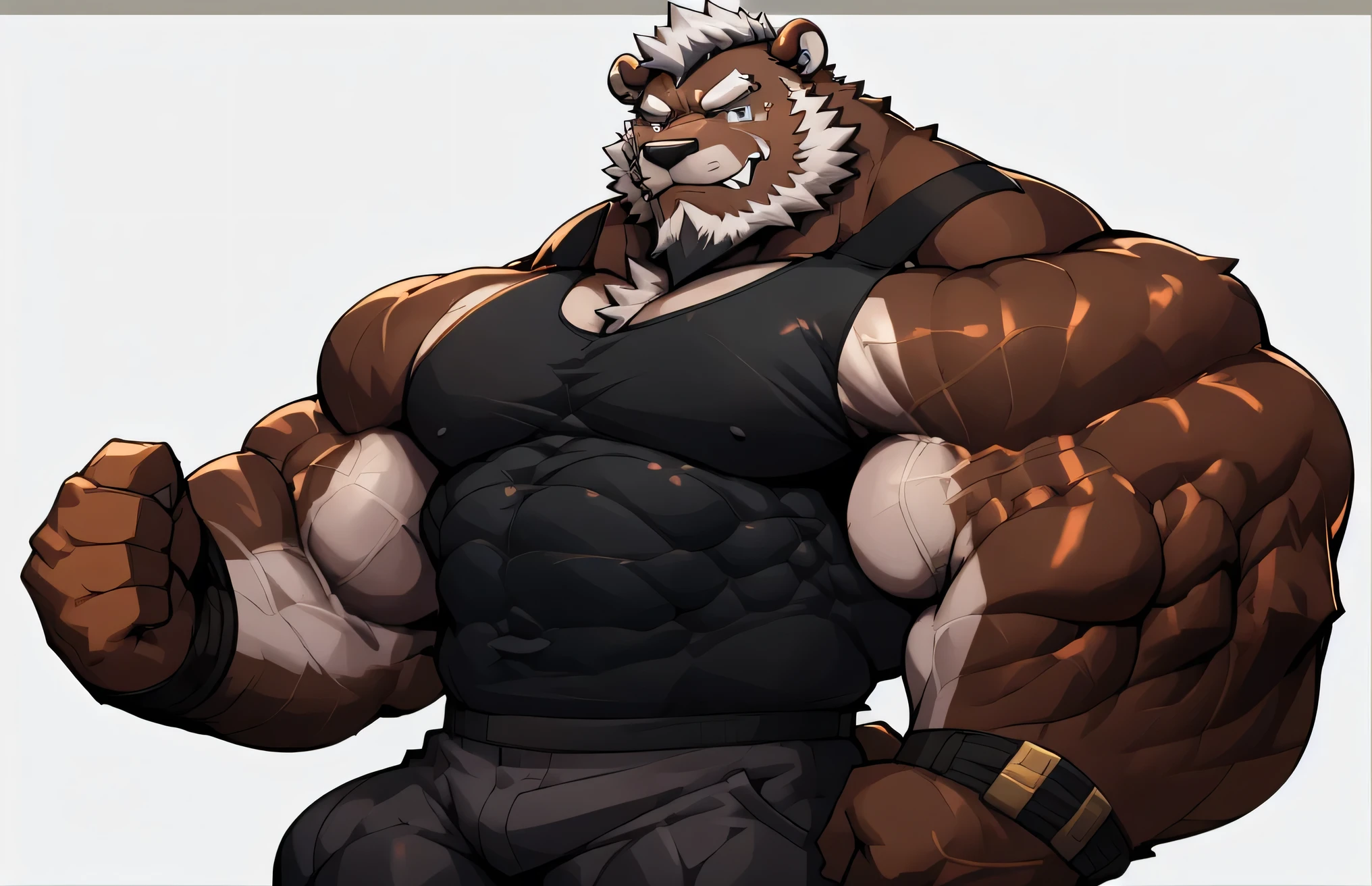 solo, 1boy, Huge Muscular Old Grizzly Bear wearing glasses , pectoral, huge pectoral, wide pectoral, short white hair, short pants, black wristbands and black tank top , bearded, Mustache, simple background, masterpiece, high detailed, 8k, high resolution, at the gym, flexes huge muscles