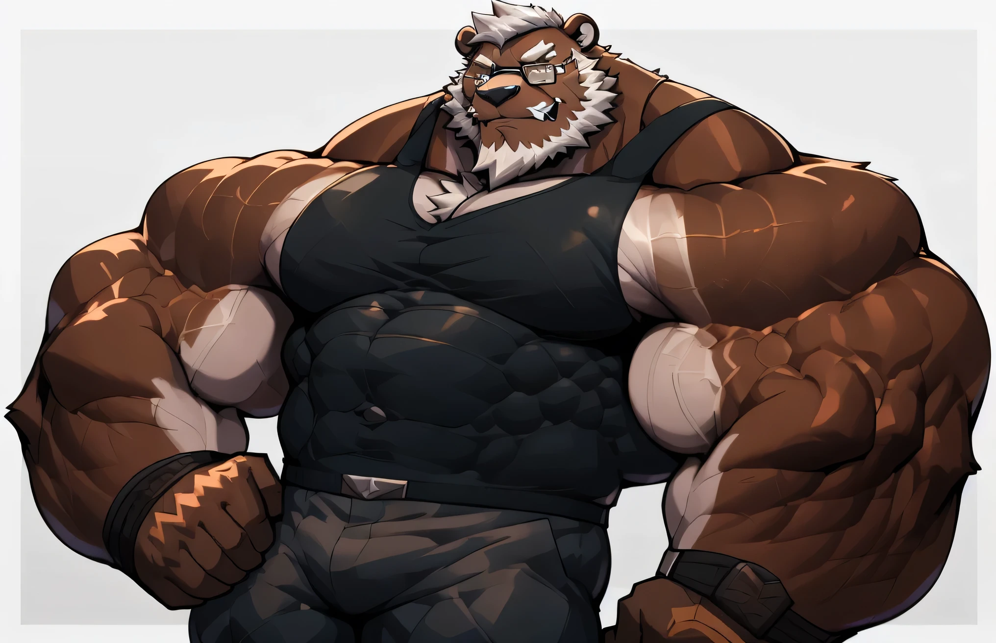 solo, 1boy, Huge Muscular Old Grizzly Bear wearing glasses , pectoral, huge pectoral, wide pectoral, short white hair, short pants, black wristbands and black tank top , bearded, Mustache, simple background, masterpiece, high detailed, 8k, high resolution, at the gym, flexes huge muscles