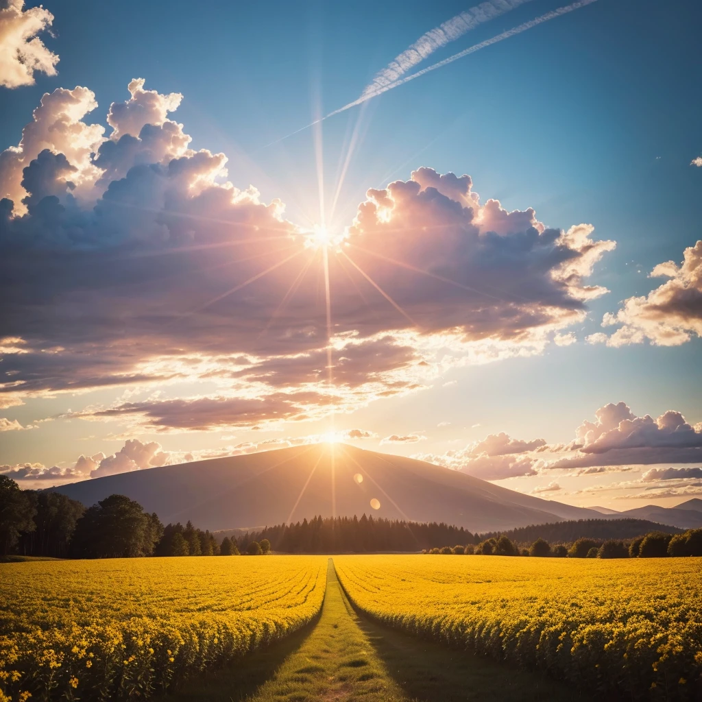 "Create an image that represents the concept of divine restoration. Showcase a vibrant and renewed landscape, with elements that suggest transformation and improvement. Include a soft celestial light that illuminates the scene, symbolizing the presence of God. a beautiful instagram size field.


