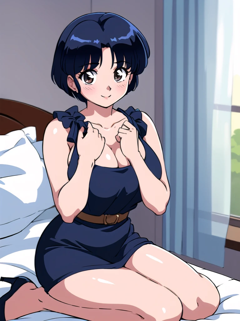 HDR, CG, sharp focus, (8k), (4k), masterpiece, best quality, detailed skin, extremely detailed, hiper detailed, sharp focus, looking at viewer, high quality, AKANE, Akane tendou, short hair, blue hair, brown eyes ,curtain pelvic DRESS, tetas grandes, bLush, solo, 1girl, sit on BED, BEDROOM background, hands on chest, heels, black dress, smile,
