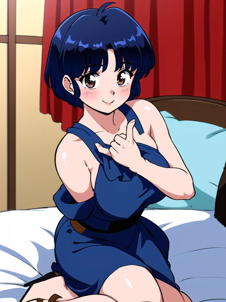HDR, CG, sharp focus, (8k), (4k), masterpiece, best quality, detailed skin, extremely detailed, hiper detailed, sharp focus, looking at viewer, high quality, AKANE, Akane tendou, short hair, blue hair, brown eyes ,curtain pelvic DRESS, tetas grandes, bLush, solo, 1girl, sit on BED, BEDROOM background, hands on chest, heels, black dress, smile,  
