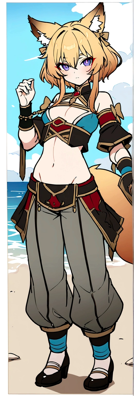 Masterpiece, High quality, High quality of art, best quality, anime lineart, Femboy, light carrot hair, fox ears, fox tail, Red eyeshadow, purple eye color,  belly, Femboy, military armlets, general's pants, A heavy golden bow with rubies holds the viewer hostage on a stone beach, black-green blue clothes 