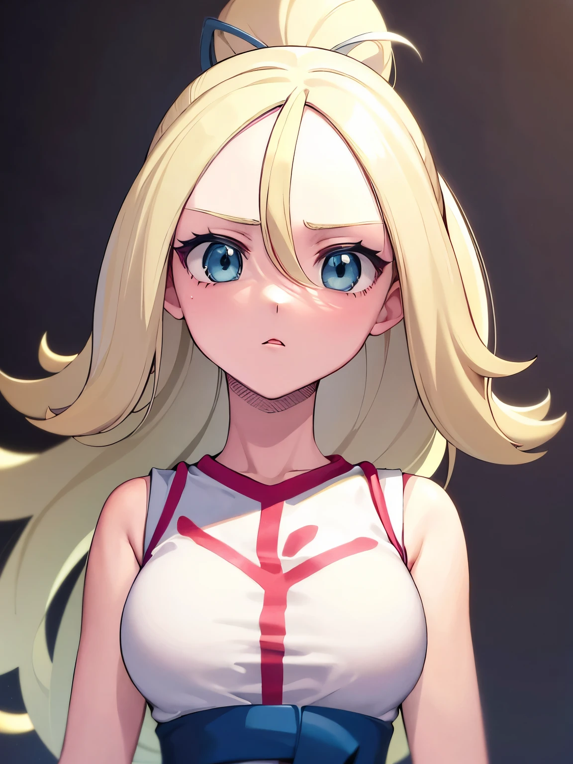 hair blonde, mulher hair blonde longo bagunçado, white undershirt, Awesome anime face portrait, looking staring at nothing, Female One, tasteless and inexpressive, thin dark blue eyes, tall and detailed, blue eyes , gray gray background, high detailed shadow