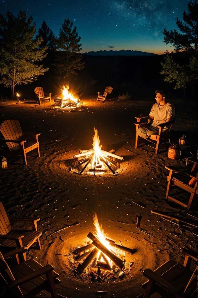 I need a  sitting in front of a campfire in the middle of the night 