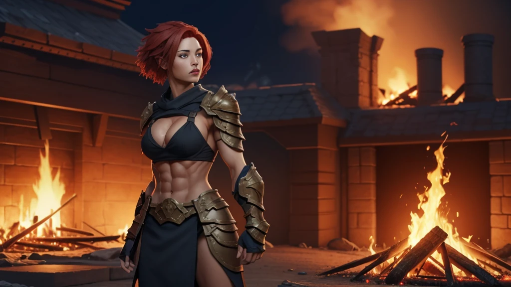 A woman with red hair and armor standing in front of a fire JoeMAD2023,1girl, Red_Monica_v2, large , action pose, 8k, uhd, best quality, cartoon, armor, trending on artstation, vibrant colors, epic fantasy, comic style,red hair, ancient city, toned body, abs,