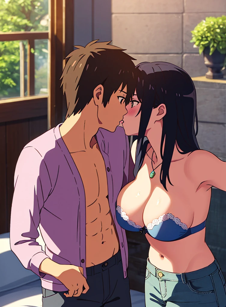 shinkai makoto, Kimi No Na Wa., 1 boy, Shaved head, , Boys are behind girls, Touching the chest, Rubbing breasts , grab, grabbing chest,chestgrab behind back, Remove your , Hold the , Embrace, Embrace, Kiss on the neck, One girl, Black Hair, Waterfall knitting, Red ribbon, Long Hair, Brown eyes, blue star necklace, Light Cardigan Pink, , Yellow shirt Open shift, belly button, White , White pants, cute, Open your mouth, whole body, Long sleeve, Cowboy Shot, masterpiece, On a date, Blushing, Bedroom, night, Sit on the bed , Shaved head,, are ,Armpit sweat,Shyness,clear,High exposure,Having my armpits licked,His arms are tied and he is hanging from a rope、30-year-old beautiful long-haired woman