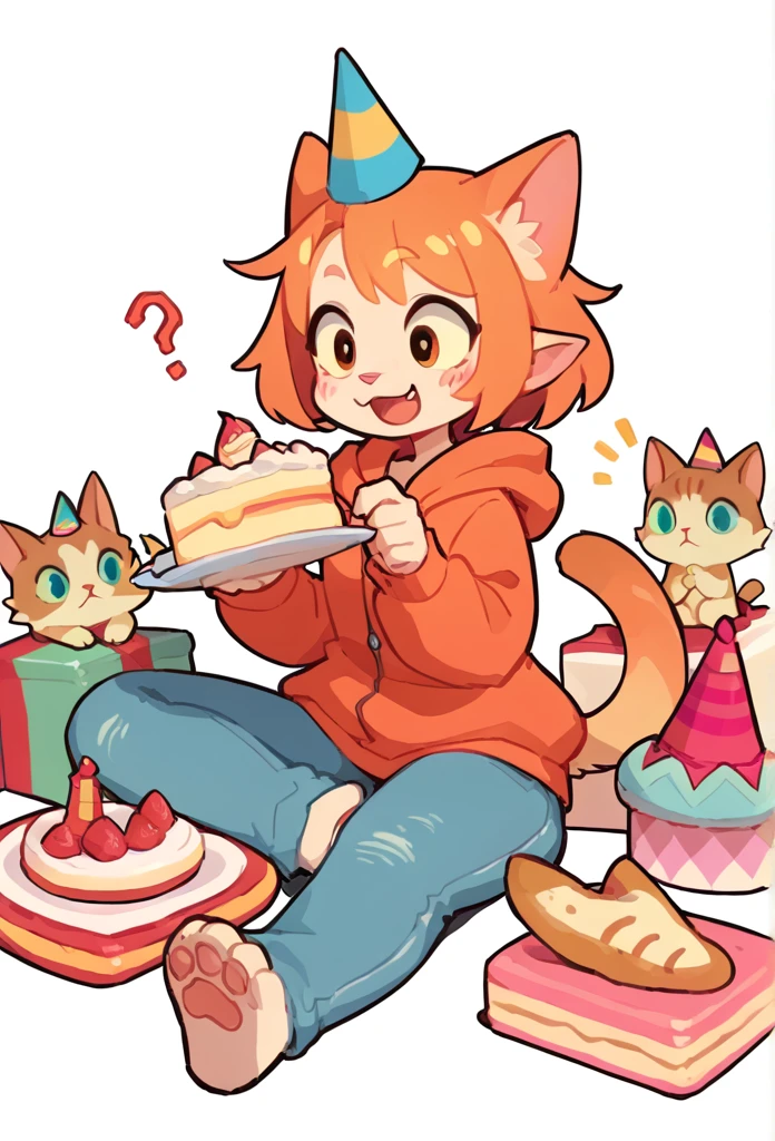 The Q version of the cute furry cat, holding a birthday cake, sitting, surprise expression, happy, ?, cute, pointy hair, party hat, hoodie, jeans, beans, white background 