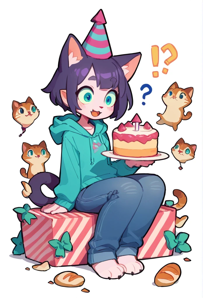 The Q version of the cute furry cat, holding a birthday cake, sitting, surprise expression, happy, ?, cute, pointy hair, party hat, hoodie, jeans, beans, white background