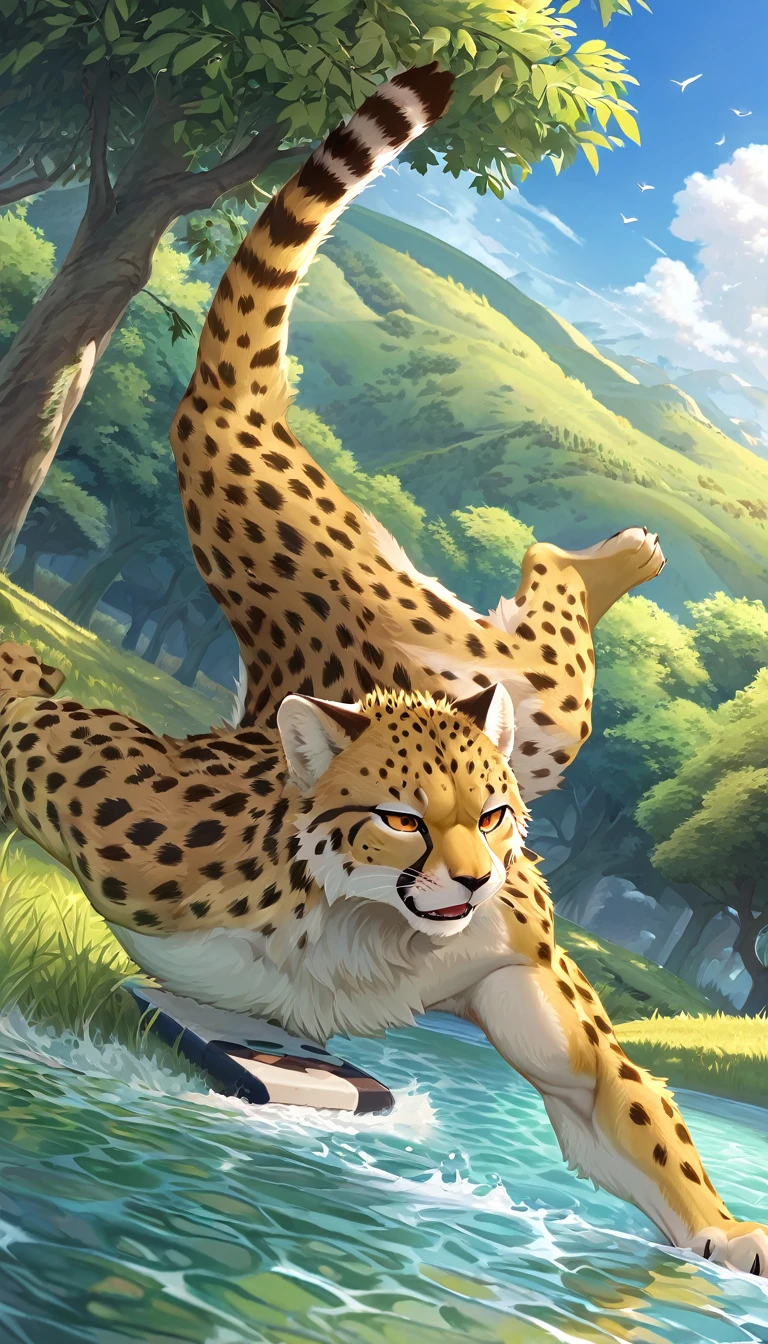 ((Masterpiece)), ((Best Quality)), (Very Detailed), ((Very Detailed)), 4K, (8K), very aesthetic, absurdres highres, 1man, anthropomorphic cheetah, furry, kemono, A cheetah swims powerfully in the river, stretching out its front legs to paddle the water and kicking its hind legs up. His eyes are wide open, his mouth is open, and he has a concentrated expression on his face, and his lithe body with spotted patterns is depicted along with the movement of his muscles. Grass and trees sway in the background, and animals can be seen in the distance.