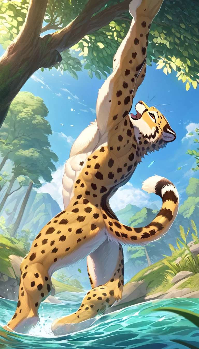 ((Masterpiece)), ((Best Quality)), (Very Detailed), ((Very Detailed)), 4K, (8K), very aesthetic, absurdres highres, 1man, anthropomorphic cheetah, furry, kemono, A cheetah swims powerfully in the river, stretching out its front legs to paddle the water and kicking its hind legs up. His eyes are wide open, his mouth is open, and he has a concentrated expression on his face, and his lithe body with spotted patterns is depicted along with the movement of his muscles. Grass and trees sway in the background, and animals can be seen in the distance.