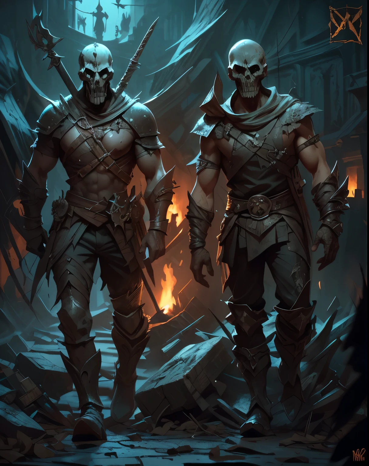 (best quality,4k,8k,highres,masterpiece:1.2),ultra-detailed,(realistic,photorealistic,photo-realistic:1.37),oil painting,colorful,brush strokes,dramatic lighting,horror,skull man warrior,aged paper,aesthetic,dripping ink,gritty texture,dark and moody atmosphere,detailed facial features,expressionless face,intense gaze,weathered armor,worn out sword,ancient runes,crow feathers,ominous background,grim reaper vibes,haunting,creepy,macabre,vintage style,monochrome with sepia tones,contrast,depth,texture,old world charm,subtle decay,aged elegance,cracked paint,weathered detailspeated paint,cracked stone texture,long shadows,dusty appearance,creased edges,sculptural quality