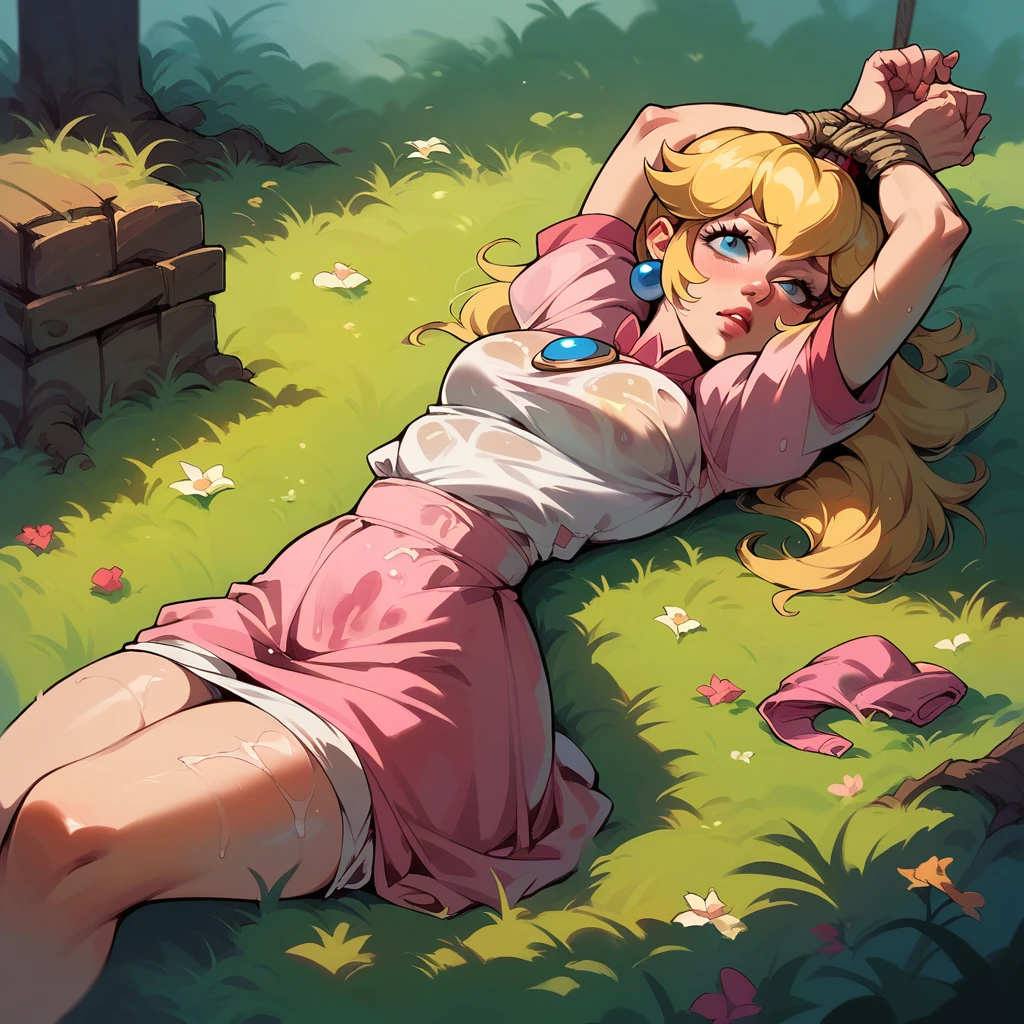 Demon pissing on tied up princess Peach lying on the grass, wet clothes