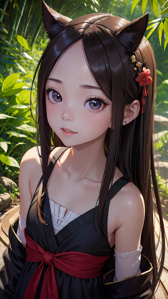 Artwork, Highest quality, Soft lighting, Absurd, 1 Girl, Focus Only, Skin defects, Skin dentition, Perfect Face, Swelling of the face, Beautiful Face, Big eyes, Swollen eyes, Perfect eyes, eyelash, Hu Tao (Genshin Impact) from Genshin Impact, open air, bamboo forest, 8K, Ultra HD, High resolution, (Artwork:1. 5), (Highest quality:1. 5)