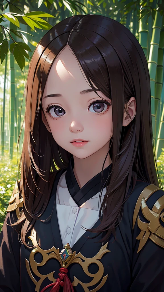 Artwork, Highest quality, Soft lighting, Absurd, 1 Girl, Focus Only, Skin defects, Skin dentition, Perfect Face, Swelling of the face, Beautiful Face, Big eyes, Swollen eyes, Perfect eyes, eyelash, Hu Tao (Genshin Impact) from Genshin Impact, open air, bamboo forest, 8K, Ultra HD, High resolution, (Artwork:1. 5), (Highest quality:1. 5)