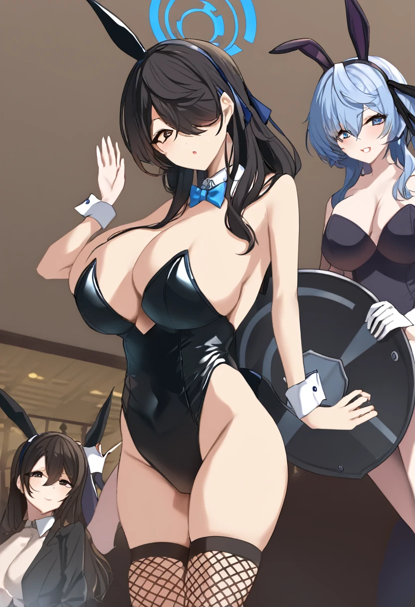 ((3girls))、bunny girl、white rabbit ears、wrist cuffs、black leotard、sagging breast、(milf、Mature Woman:1.3)、Black fishnet stockings、garter belt、blue_archive、(((Karin the Horned Shield、Yellow Eyes、Black Hair、long hair、Black bunny suit)))、(((Ichinose Asuna、Blonde、long hair、hair over one eye、Light blue bunny suit)))、(((Ganyu Ako、Light blue hair、Short Hair、Light blue eyes、Light blue bunny suit)))、(((Hasumi Hakawa、Black Hair、long hair、Black Eyes、White bunny suit)))、Halo、casino、casino、casinoテーブル、Black high heels