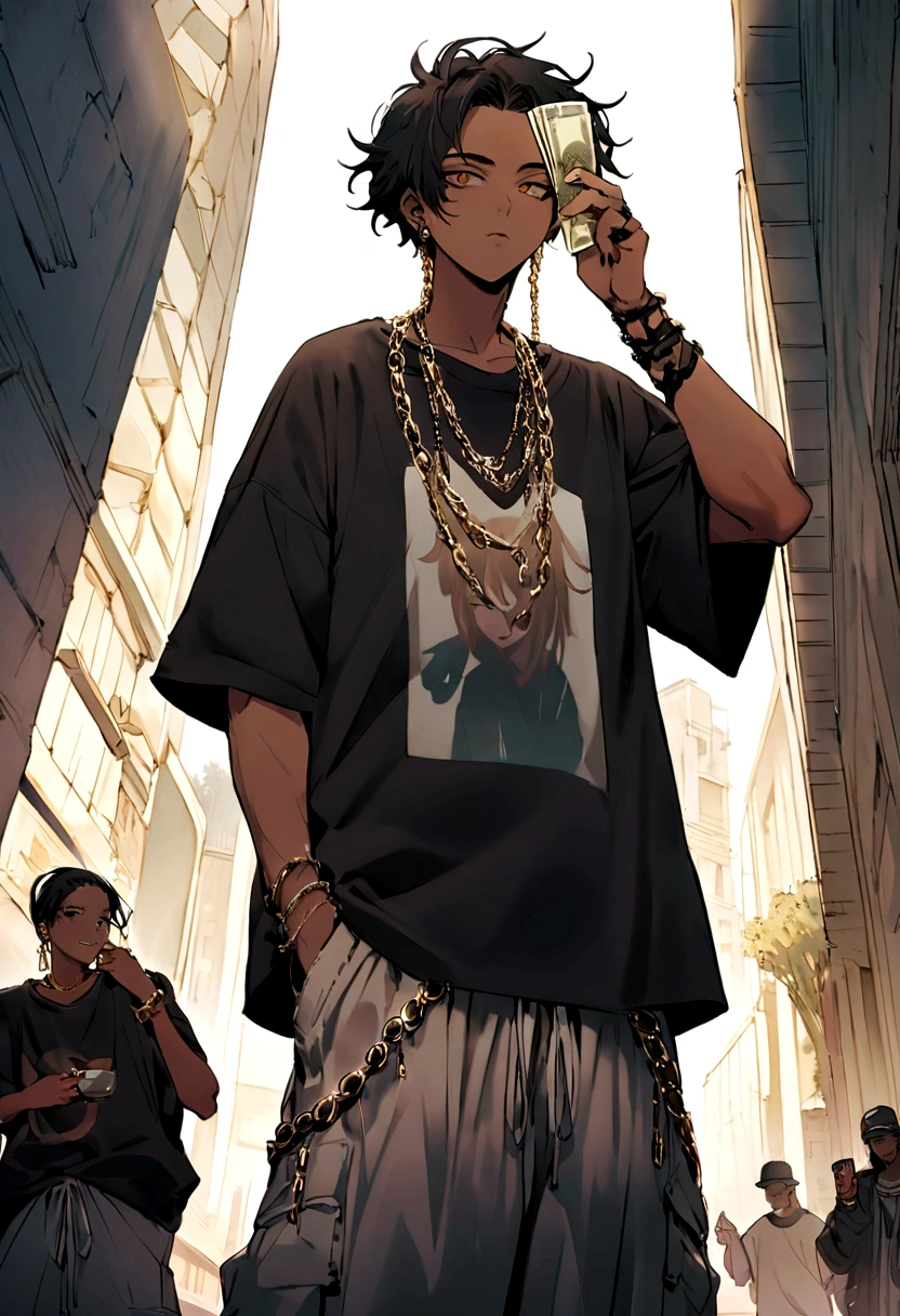 generate an image of a young Brazilian character, belonging to an urban gang, not y2k style. he must be dressed in loose, modern clothing typical of the time, like baggy pants and oversized t-shirt. the character must sport several flashy jewelry, like golden chains and rings, that reflect light. Furthermore, he holds money bills in one hand, displaying a confident attitude and urban style. the surrounding setting should be urban and contemporary, complementing the character&#39;s look.



