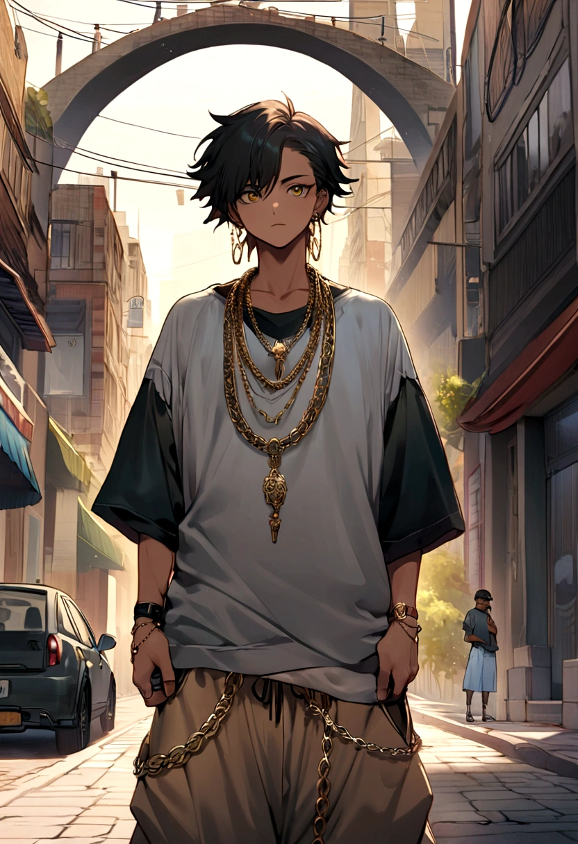 generate an image of a young Brazilian character, belonging to an urban gang, not y2k style. he must be dressed in loose, modern clothing typical of the time, like baggy pants and oversized t-shirt. the character must sport several flashy jewelry, like golden chains and rings, that reflect light. Furthermore, he holds money bills in one hand, displaying a confident attitude and urban style. the surrounding setting should be urban and contemporary, complementing the character's look.