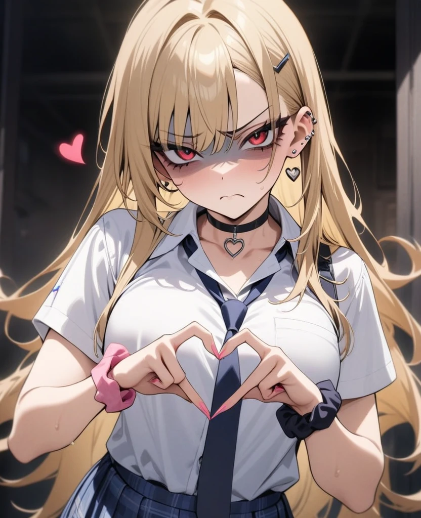 masterpiece, best quality, very aesthetic, absurdres, newest,1girl,upper body, (contempt, disgust,shaded face,looking at viewer,frown),heart-shaped gesture,
Marin Kitagawa, long hair, blonde hair, red eyes, piercing, earrings, ear piercing, stud earrings, black choker, loose necktie, , white collared shirt, blue skirt, pleated skirt, plaid skirt, wrist scrunchie, long fingernails, pink nails, nail art,
