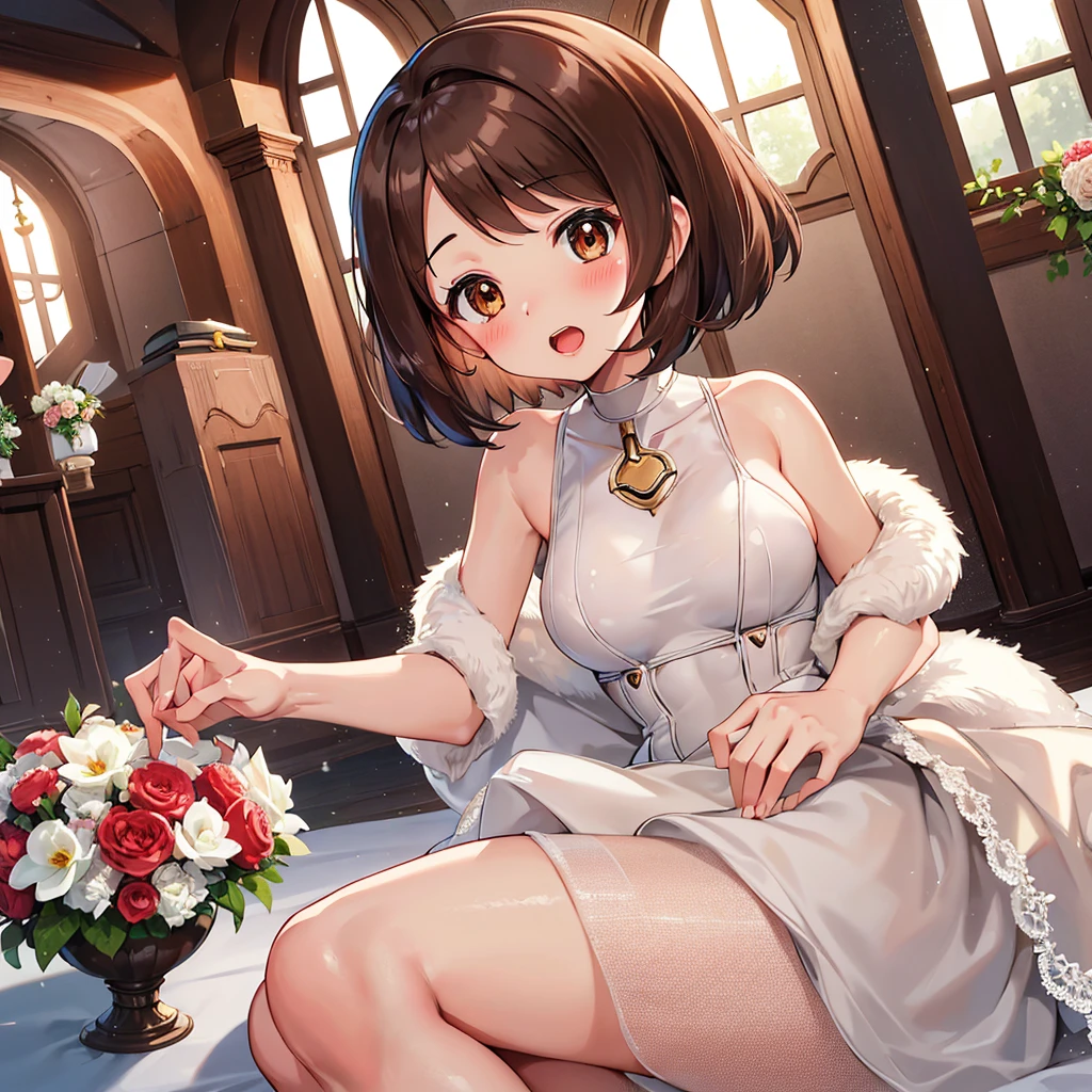 masterpiece, Highest quality, High resolution, Gloria1, 1 Girl, Gloria\(Pokémon\), Brown Hair, , Brown Eyes, , Short Hair, , Bobcut, bangs, , 1Describe a girl carefully 1Girl Expression in love blush Open Mouth blush church Wedding dress(mini skirt) breast enhancement