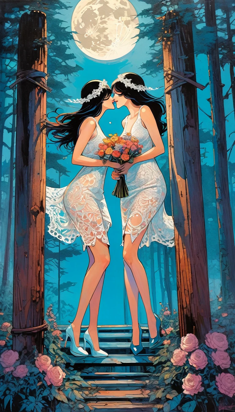 two  women in lace dresses celebrate and laugh, they carry flowers, we see them between four wooden posts, moon (art inspired by Bill Sienkiewicz, intricate details, oil painting)
