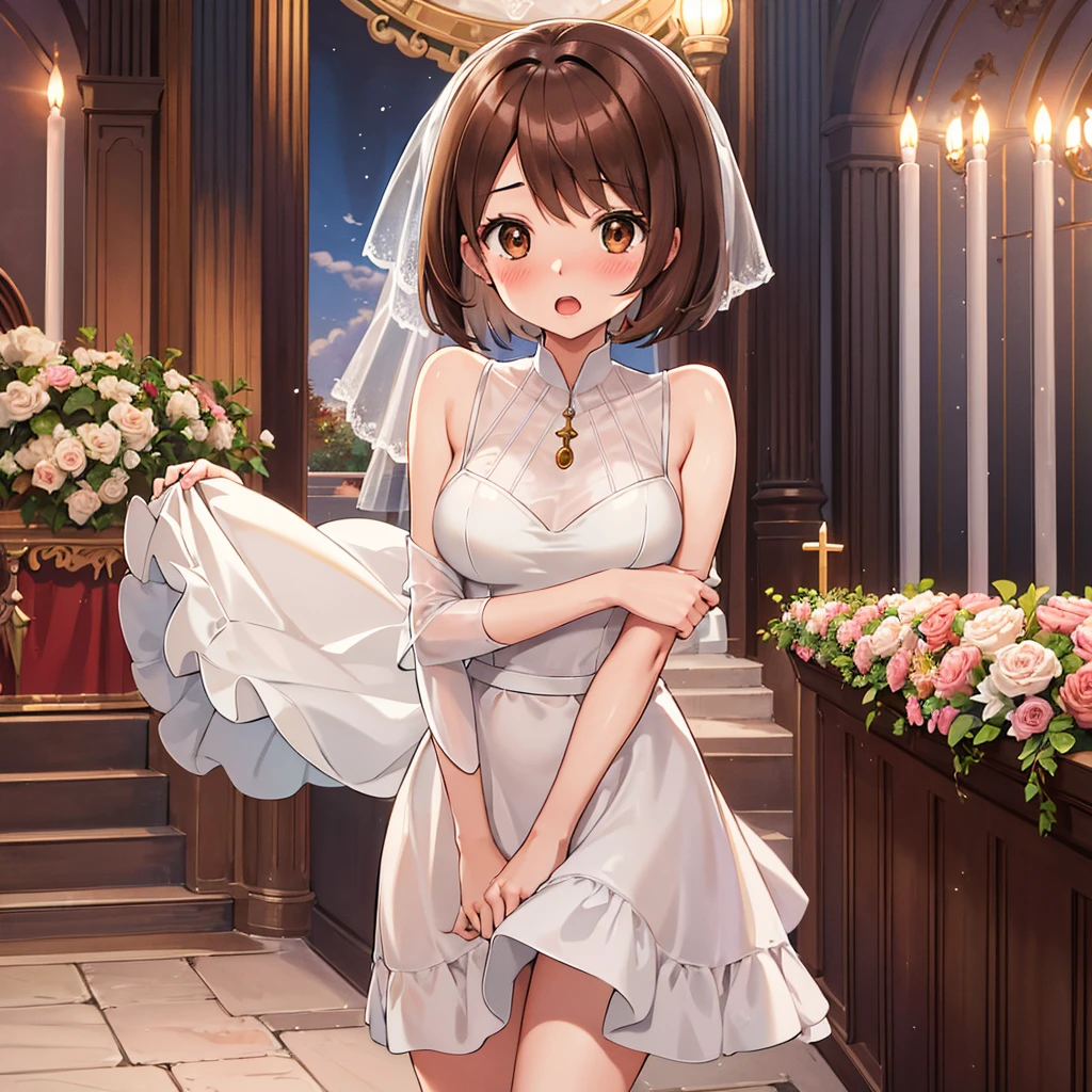 masterpiece, Highest quality, High resolution, Gloria1, 1 Girl, Gloria\(Pokémon\), Brown Hair, , Brown Eyes, , Short Hair, , Bobcut, bangs, , 　１Describe a girl carefully　１Girl　Expression in love　blush　Open Mouth　blush　church　Wedding dress（mini skirt）　breast enhancement