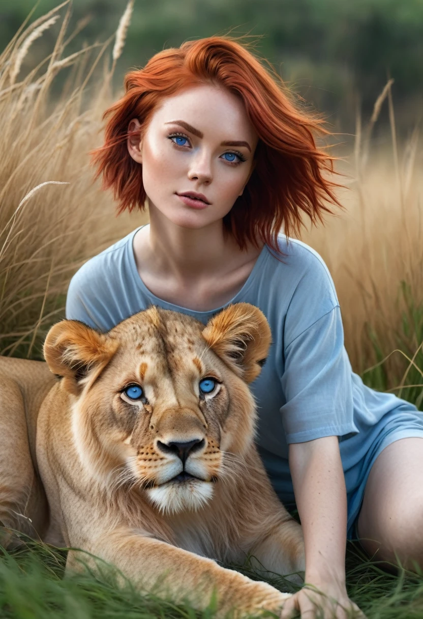 A girl with short red hair and blue eyes sits on a lion, Savannah, the grass is swaying, high quality, detailed 