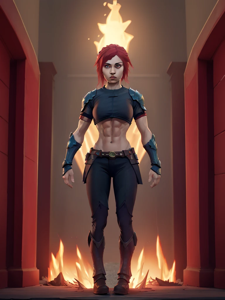 A woman with red hair and armor standing in front of a fire JoeMAD2023,1girl, Red_Monica_v2, large breasts, action pose, 8k, uhd, best quality, cartoon, armor, trending on artstation, vibrant colors, epic fantasy, comic style,red hair, ancient city, toned body, abs,