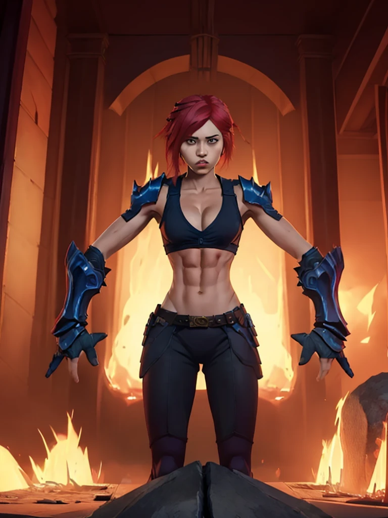 A woman with red hair and armor standing in front of a fire JoeMAD2023,1girl, Red_Monica_v2, large breasts, action pose, 8k, uhd, best quality, cartoon, armor, trending on artstation, vibrant colors, epic fantasy, comic style,red hair, ancient city, toned body, abs,