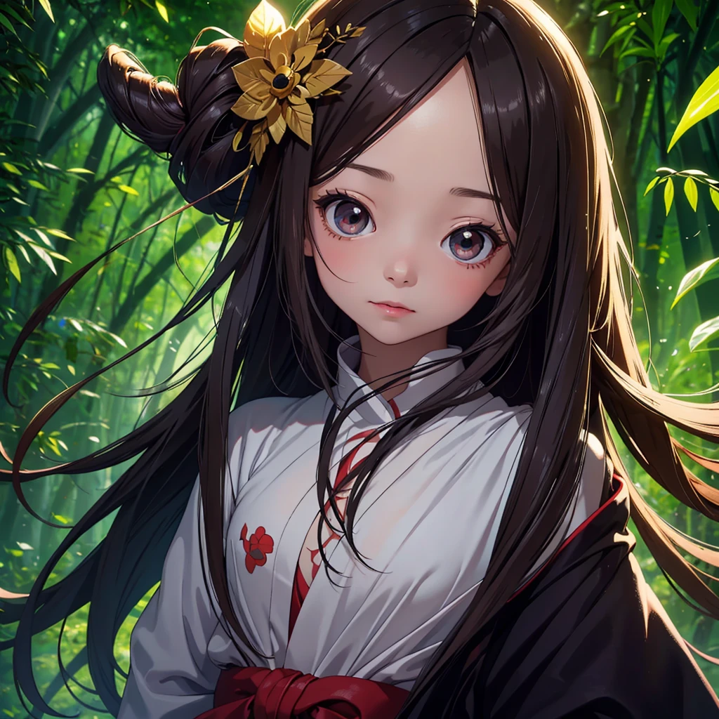 Artwork, Highest quality, Soft lighting, Absurd, 1 Girl, Focus Only, Skin defects, Skin dentition, Perfect Face, Swelling of the face, Beautiful Face, Big eyes, Swollen eyes, Perfect eyes, eyelash, Hu Tao (Genshin Impact) from Genshin Impact, open air, bamboo forest, 8K, Ultra HD, High resolution, (Artwork:1. 5), (Highest quality:1. 5)