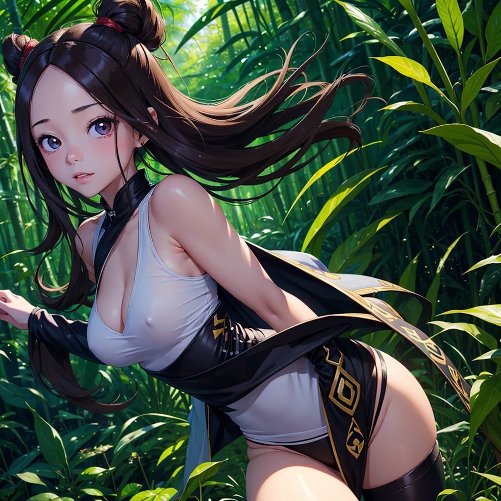 Artwork, Highest quality, Soft lighting, Absurd, 1 Girl, Focus Only, Skin defects, Skin dentition, Perfect Face, Swelling of the face, Beautiful Face, Big eyes, Swollen eyes, Perfect eyes, eyelash, Hu Tao (Genshin Impact) from Genshin Impact, open air, bamboo forest, 8K, Ultra HD, High resolution, (Artwork:1. 5), (Highest quality:1. 5)