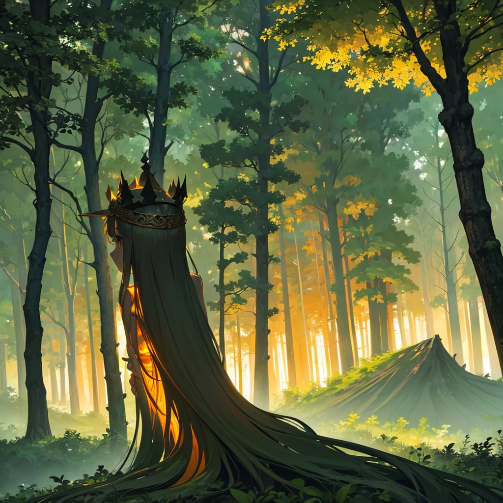 In the middle of an extensive and ancient forest, the trees rise imposingly, their crowns intertwining creating a natural roof of green leaves.  In the distance, among rows of trunks and trees, a large explosion is seen that illuminates the horizon.  The golden and orange glow bathes the trees in a blinding light.