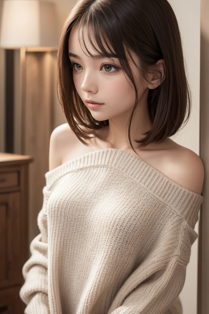 ((best qualityer)), ((work of art)), (detailded), 1 girl, shoulder to shoulder sweater, 