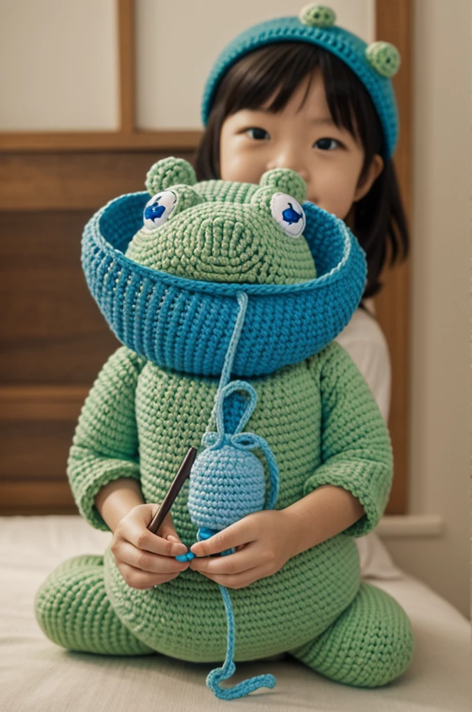 Kawaii green frog with blue yarn in her hand and a crochet hook