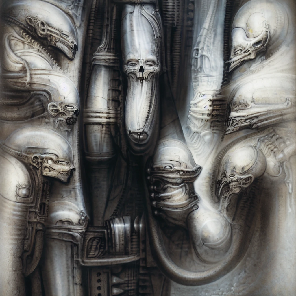 
The image is a detailed view of H.R. Giger's \" Landscape XVI \" plate, featuring a complex network of bones and organs in a purple-brown hue ,swirling gray and brown colors. The artwork is silver and purplish brown, with an ivory bones prominently displayed. The image is highly detailed and intricate, almost like a 3d version of a medical diagram 
The image is an artistic representation of a mechanical structure with pipes and gears, with a skeletal creature and a windmill blade.

biomechanical landscape by Hans Rudie Giger composed of fossilized and mummified alien life forms. Image depicts a strange and dreamlike, combines biological and mechanical ,managed  to dreamlike quality. Centralized recognizable shapes of skulls, rib cages, and spines, all intertwined with tubes and cables. These shapes suggest fossilized mummified alien life forms. Central skeletal structures and what appears to be a ribcags of ivory in the foreground are the most identifiable organic elements. The mechanical elements are evident in the wires and tubes emanating from the skeletals, as well as the smooth metallic tubes. In the background shapes are visible that could be interpreted as other fossilized or mummified alien life.
Light source from the top highlights skeletals, upper part of foreground, lower part of image is in shadow. 


The piece is a tableau, most likely created with a India ink pen or pencil on paper, determined by the thin lines, shading techniques, and the texture of the paper, which is visible around the edges.
used is pen, given the shading and variations in line weight visible in the image. One have used a variety of pencils with different degrees of hardness to achieve the shading effects

The style  is clearly biomechanical. Features combination of organic and mechanical forms. Mechanical elements dominate the composition, there are subtle organic hints. The use of undersaturated purple-grays dark contrasts creates a stark and graphic look. Is used a variety of l